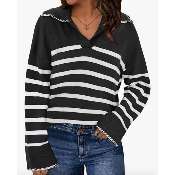 NEW Black V Neck Striped Oversized Collared Chunky Knit Pullover Sweater XL - Picture 5 of 5